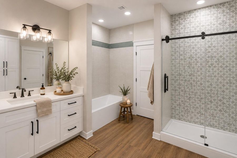 This modern bathroom features a sleek design with a spacious glass-enclosed shower, patterned tile, a separate bathtub, and elegant white cabinetry with black fixtures. AI decorated photo. This modern bathroom features a sleek design with a spacious glass-enclosed shower, patterned tile, a separate bathtub, and elegant white cabinetry with black fixtures. AI decorated photo.
