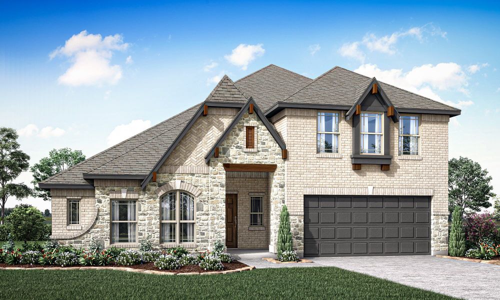 Two-story home with brick and stone exterior, two-car garage, and arched entry window, Elevation D