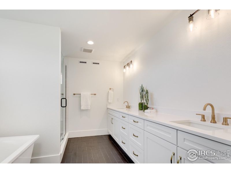 Primary Suite Bathroom with Step In shower, Luxurious Floating Tub and Dual Sinks with Cabinetry Primary Suite Bathroom with Step In shower, Luxurious Floating Tub and Dual Sinks with Cabinetry