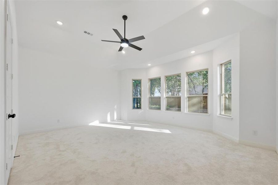 Unfurnished room with light carpet, recessed lighting, and ceiling fan
