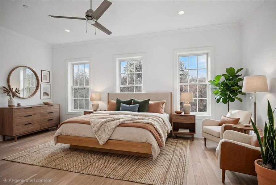 Room featuring wood-finish flooring, white walls, and triple windows Room featuring wood-finish flooring, white walls, and triple windows