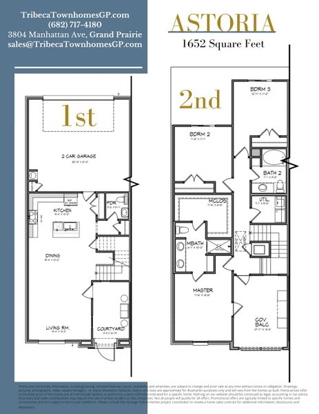 2D floor plan layout for the Astoria by Heritage Towne in Tribeca Townhomes, Grand Prairie, TX (Image 1).
