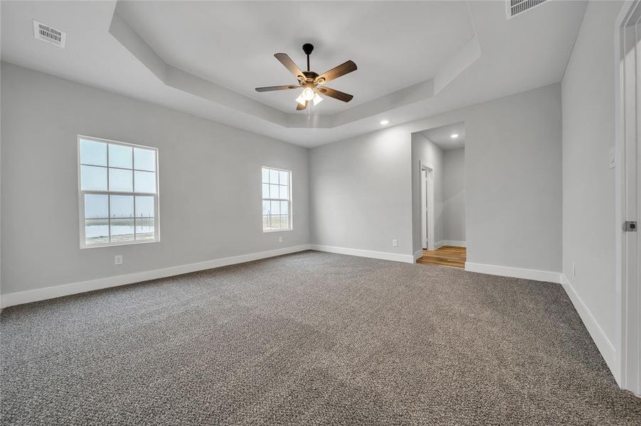 Unfurnished room with a raised ceiling, carpet flooring, and ceiling fan