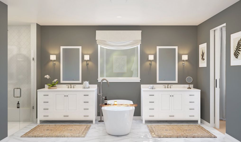 Primary bath with dual vanities and freestanding tub