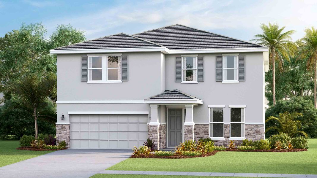Front exterior of a new home in Star Farms at Lakewood Ranch, Lakewood Ranch, FL, highlighting curb appeal (Image 1). Front exterior of a new home in Star Farms at Lakewood Ranch, Lakewood Ranch, FL, highlighting curb appeal (Image 1).