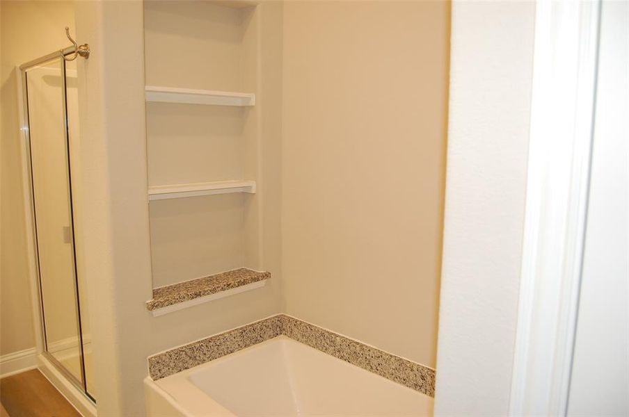 Bathroom featuring plus walk in shower and wood-type flooring