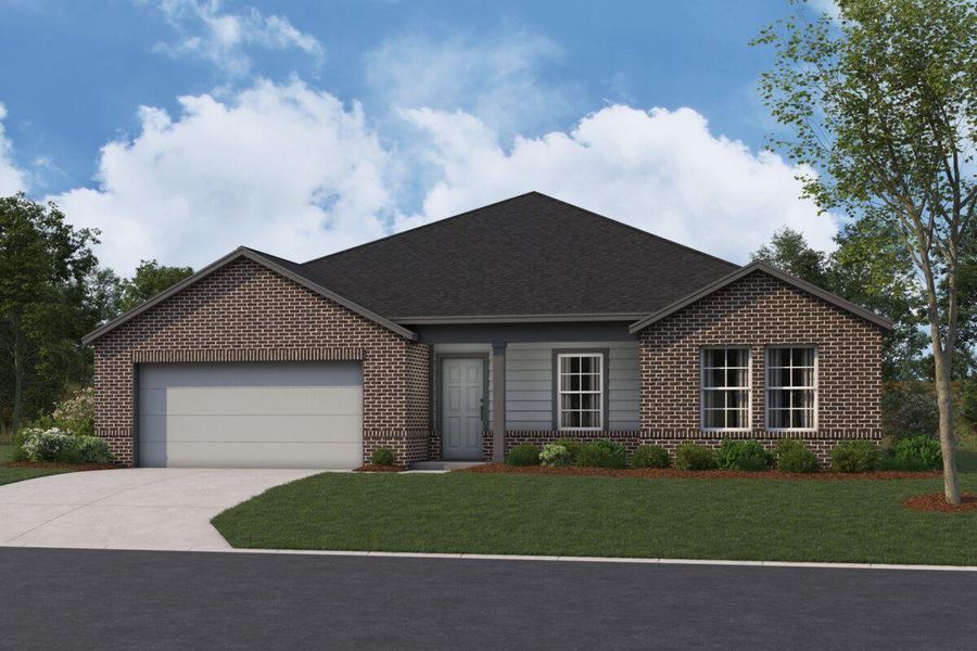 Front exterior of a new home in Willow Springs, Buda, TX, highlighting curb appeal (Image 1). Front exterior of a new home in Willow Springs, Buda, TX, highlighting curb appeal (Image 1).
