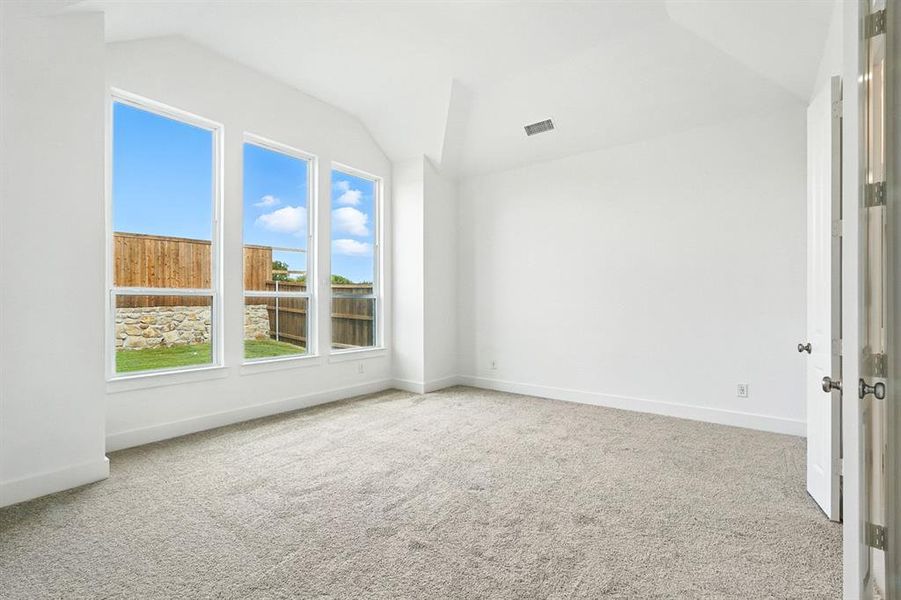 Spare room featuring light colored carpet and vaulted ceiling Spare room featuring light colored carpet and vaulted ceiling