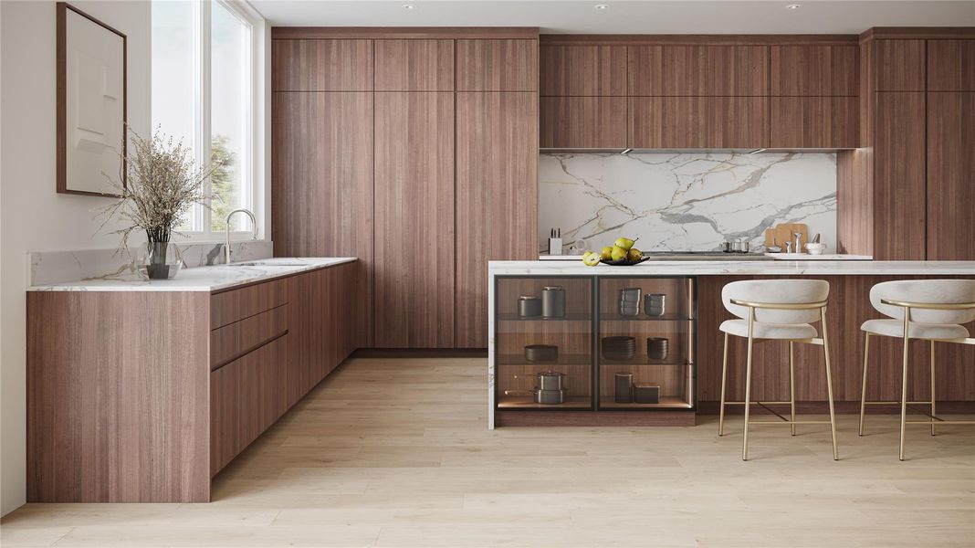 Artist Rendition of the homes Kitchen that opens the homes living & dining areas. The kitchen is replete with top tier Thermador appliances (all paneled of course). Waterfall edge stone finishes & custom designed Eggersmann cabinetry throughout married by the European Oak flooring.