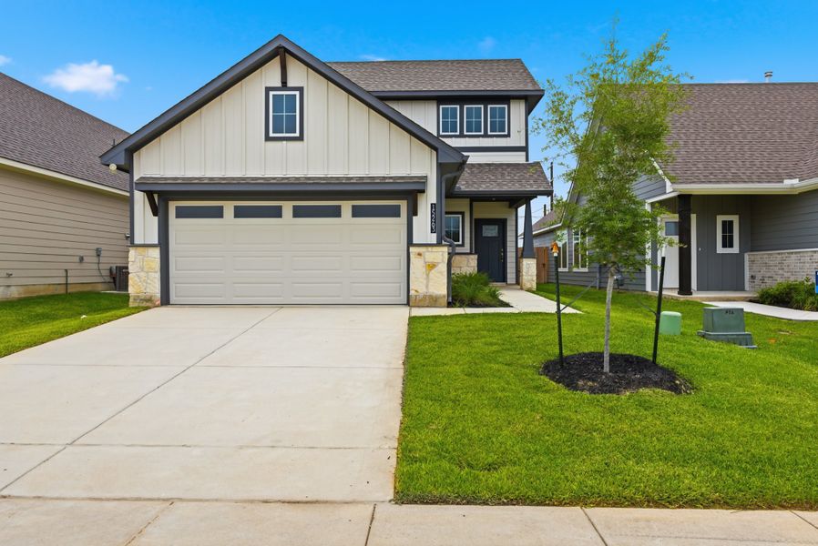 Front exterior of a new home in Heartland at Creek Meadows, College Station, TX, highlighting curb appeal (Image 1). Front exterior of a new home in Heartland at Creek Meadows, College Station, TX, highlighting curb appeal (Image 1).