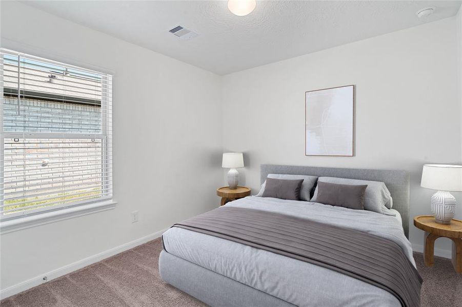 Secondary bedroom features plush carpet, and a large windows with privacy blinds.