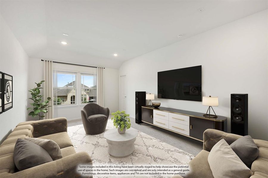 Living room with vaulted ceiling, large wall-mounted TV, sectional sofa, and media console with speakers Living room with vaulted ceiling, large wall-mounted TV, sectional sofa, and media console with speakers