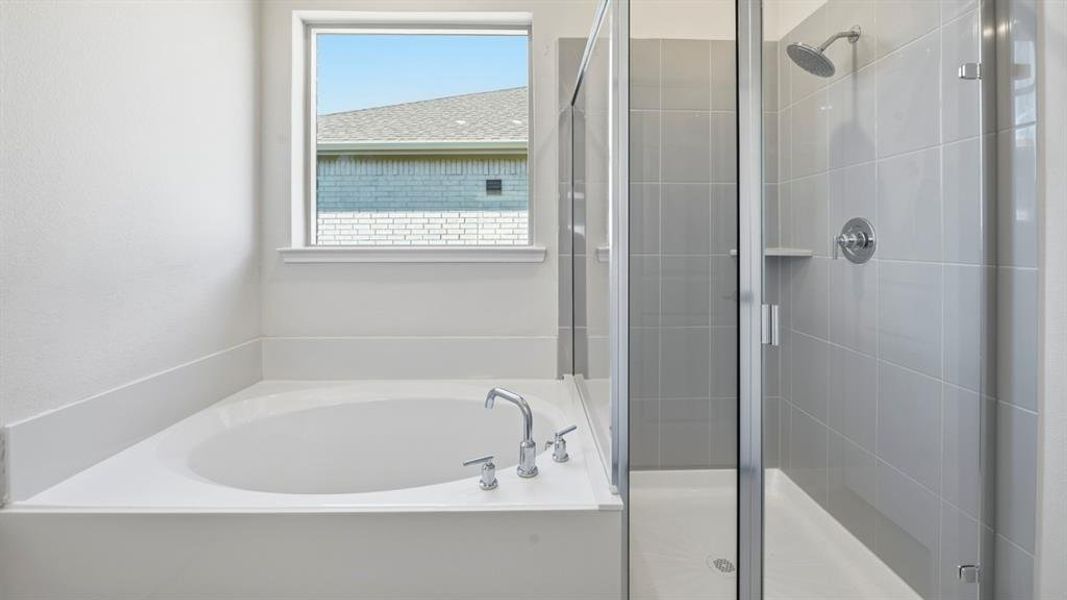 Full bath with a garden tub and a shower stall Full bath with a garden tub and a shower stall