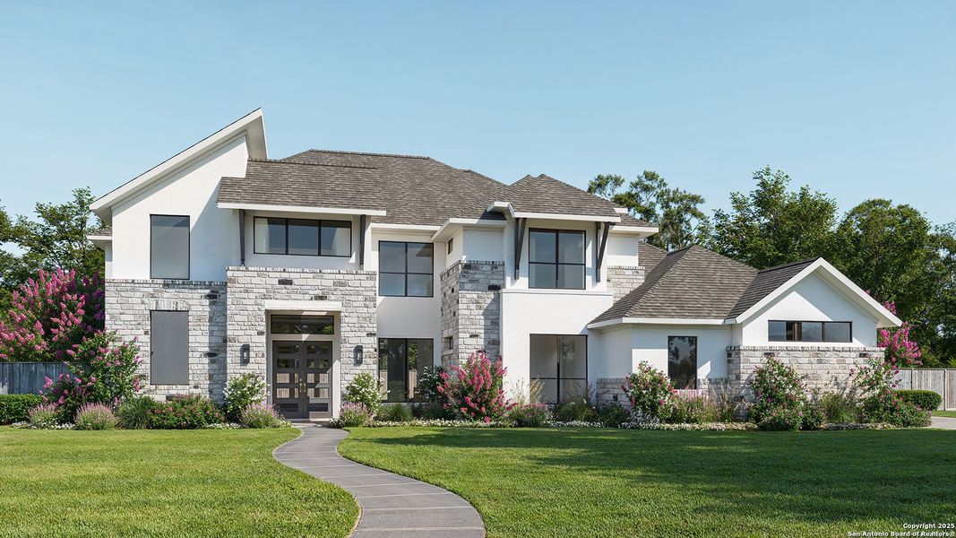 Front exterior of a new home in , Bulverde, TX, highlighting curb appeal (Image 1).