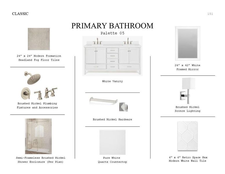 Classic Look Palette 5: Primary Bathroom Selection Sheet (*Artist rendering used for illustration purposes only.) Classic Look Palette 5: Primary Bathroom Selection Sheet (*Artist rendering used for illustration purposes only.)