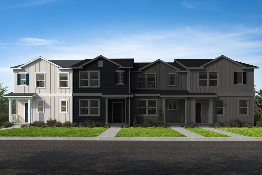 Representative exterior photo of a completed home built from the 1661 by KB Home in Gatsby Station Townhomes, Raleigh, NC (Image 6). Representative exterior photo of a completed home built from the 1661 by KB Home in Gatsby Station Townhomes, Raleigh, NC (Image 6).