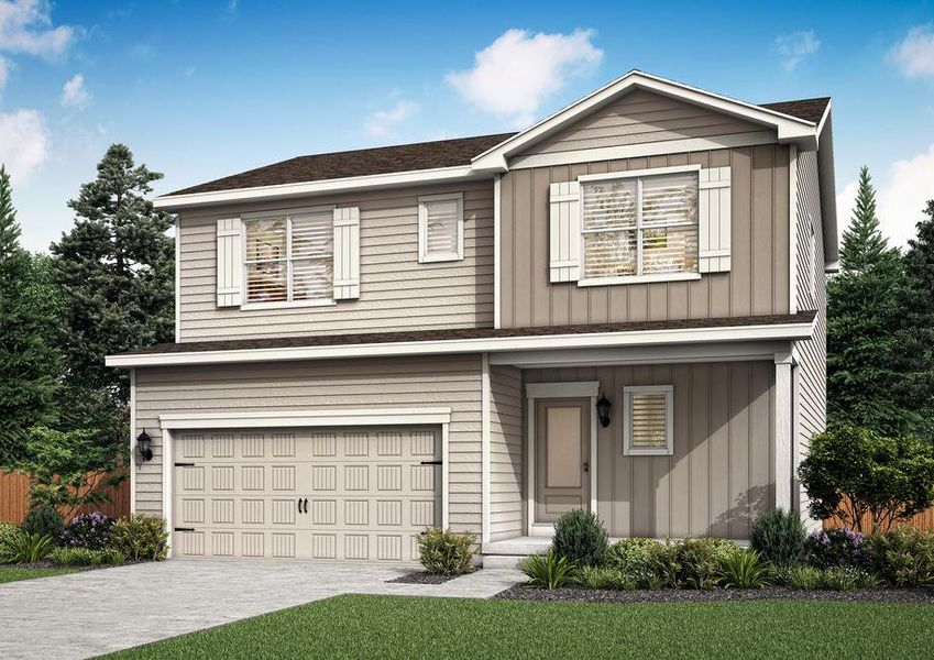 Rendering of the two-stoy Yale II plan with multiple windows, a two-car garage, and professional front yard landscaping.