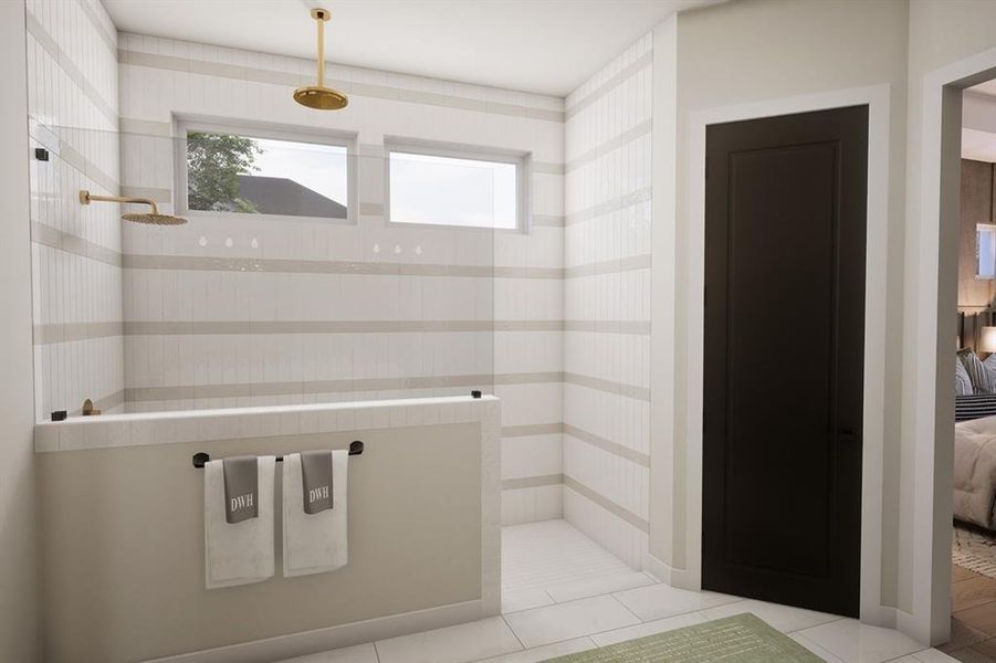 Ensuite bathroom featuring walk in shower and light tile patterned flooring Ensuite bathroom featuring walk in shower and light tile patterned flooring