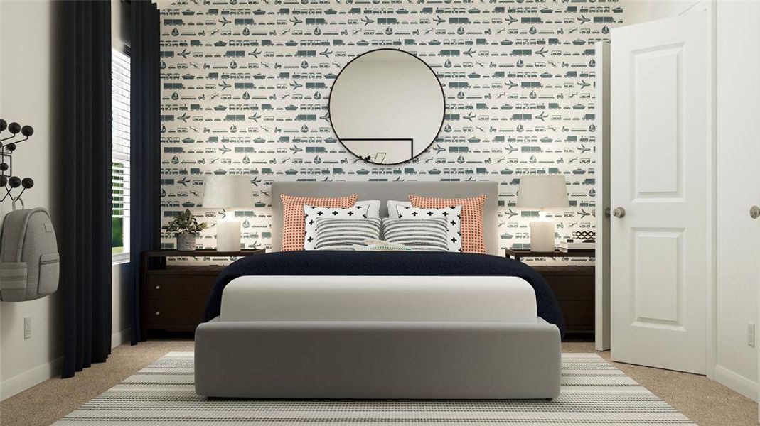 Bedroom featuring light carpet and baseboards Bedroom featuring light carpet and baseboards