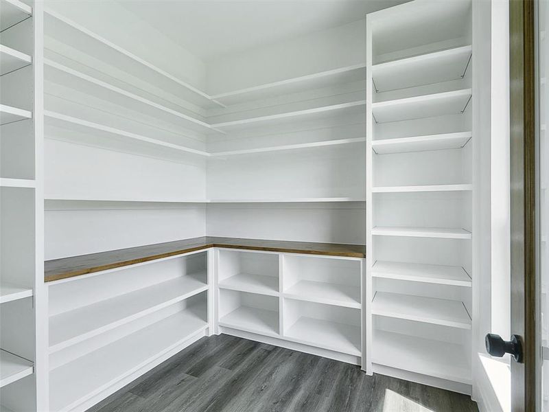 A walk-in pantry with glass door blends perfectly with the cabinetry design and offers ample storage