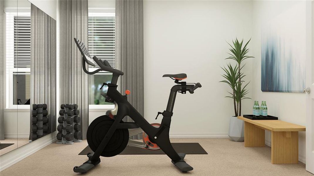 Workout room featuring carpet flooring