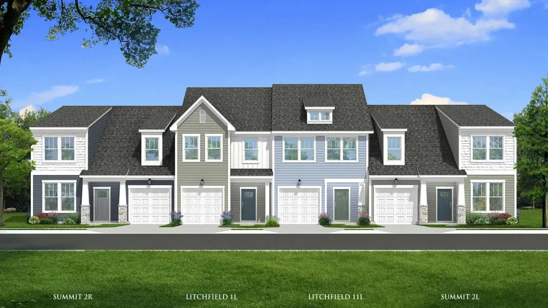 Rendering of a townhome building with pastel color siding, with craftsman style exteriors in the town of Lyman, SC Rendering of a townhome building with pastel color siding, with craftsman style exteriors in the town of Lyman, SC