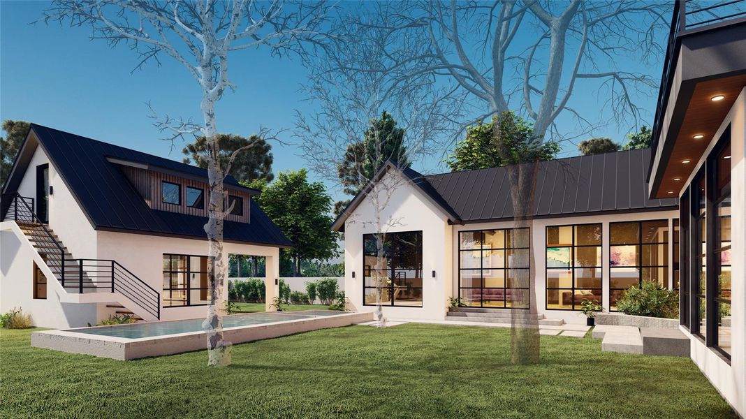 Back of house featuring stairway, metal roof, a lawn, and stucco siding