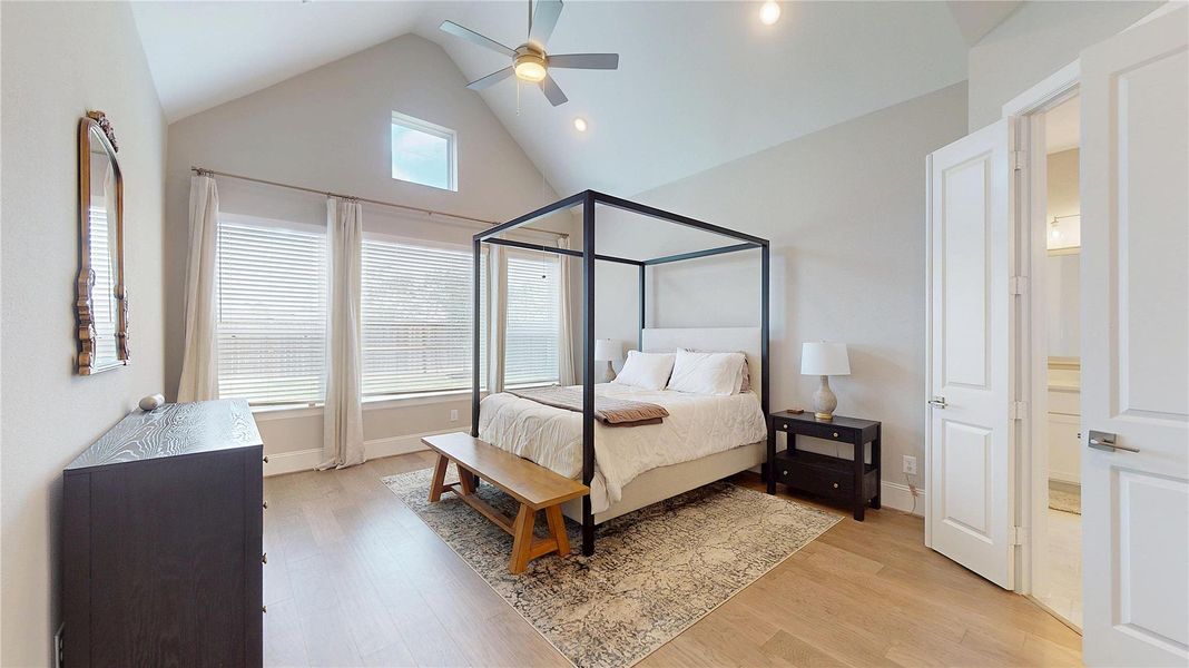 Spacious primary bedroom with vaulted ceiling.