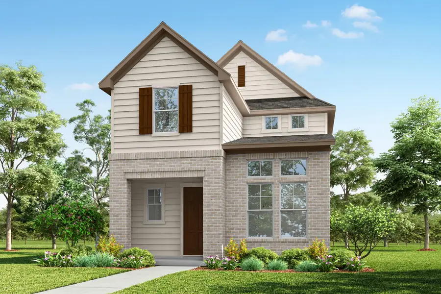 Representative exterior photo of a completed home built from the Frost by Tri Pointe Homes in Paley Park at Easton Park, Austin, TX (Image 17). Representative exterior photo of a completed home built from the Frost by Tri Pointe Homes in Paley Park at Easton Park, Austin, TX (Image 17).