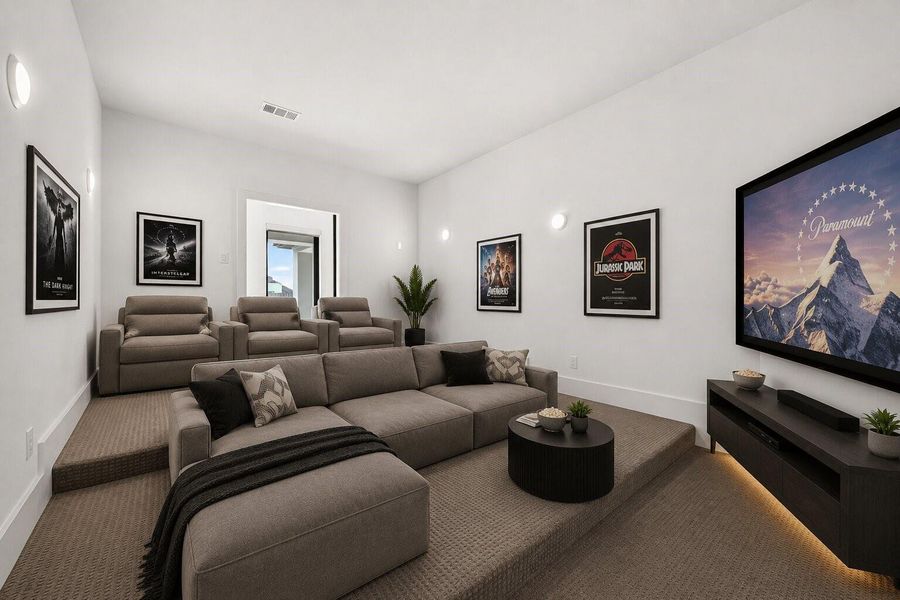 Media Room **Virtually Staged** to showcase the space’s versatile design potential and inspire a variety of furnishing and décor possibilities. Images are for illustrative purposes only and may not reflect the room’s current appearance or actual furnishings.