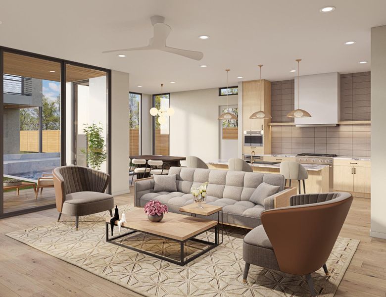 Living area featuring healthy amount of natural light, light wood finished floors, recessed lighting, a ceiling fan, and expansive windows Living area featuring healthy amount of natural light, light wood finished floors, recessed lighting, a ceiling fan, and expansive windows