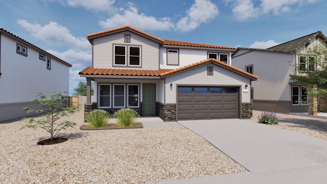 Representative exterior photo of a completed home built from the Dusk by Oakwood Homes Co in Moonlight, Maricopa, AZ (Image 1). Representative exterior photo of a completed home built from the Dusk by Oakwood Homes Co in Moonlight, Maricopa, AZ (Image 1).