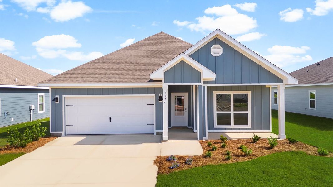 Front exterior of a new home in Hodges Bayou Plantation, Panama City, FL, highlighting curb appeal (Image 1). Front exterior of a new home in Hodges Bayou Plantation, Panama City, FL, highlighting curb appeal (Image 1).