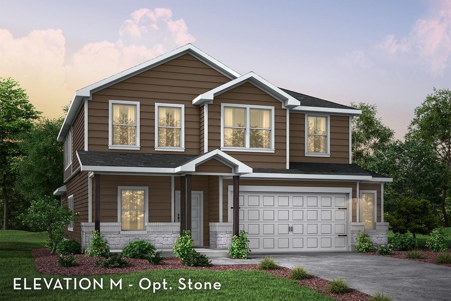 View of front of home featuring roof with shingles, an attached garage, driveway, and stone siding