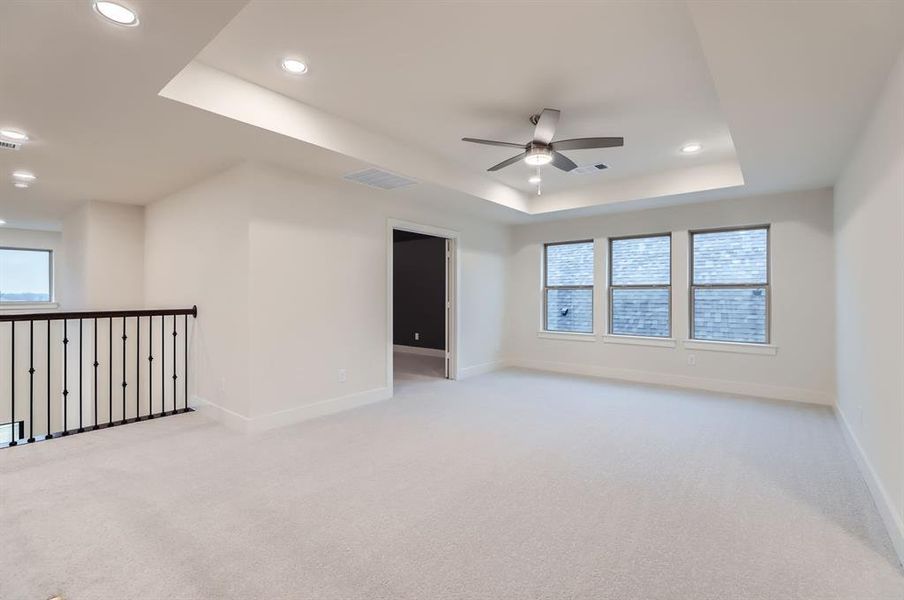 Spare room with light colored carpet, ceiling fan, and a tray ceiling