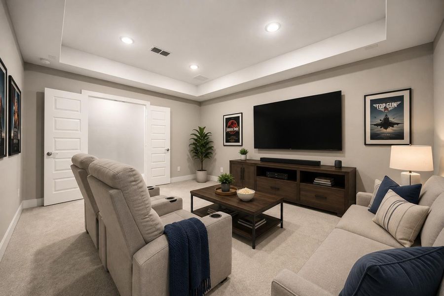 A dedicated media room with double doors provides the perfect setting for movie nights or a private home theater setup. Virtually staged so you can imagine the possibilities. A dedicated media room with double doors provides the perfect setting for movie nights or a private home theater setup. Virtually staged so you can imagine the possibilities.