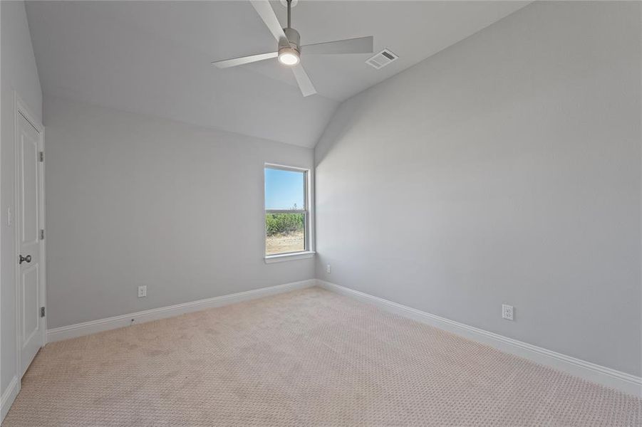 Carpeted spare room with lofted ceiling and ceiling fan