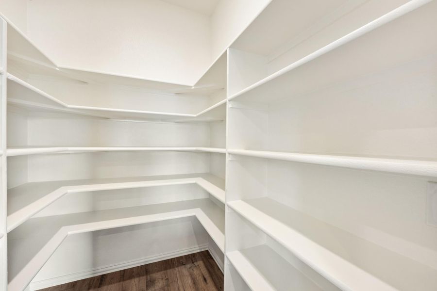 Walk-in pantry with white wrap-around shelving and dark hardwood floors