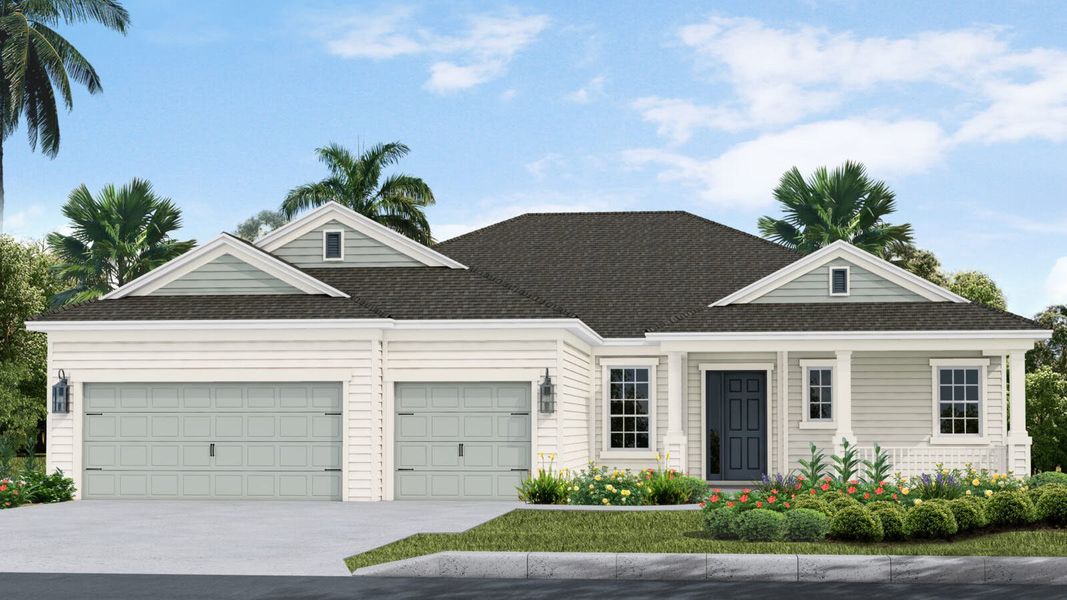 Front exterior of a new home in Canoe Creek Real Estate and Homes for Sale in Parrish, FL - Neal Communities, Parrish, FL, highlighting curb appeal (Image 2). Front exterior of a new home in Canoe Creek Real Estate and Homes for Sale in Parrish, FL - Neal Communities, Parrish, FL, highlighting curb appeal (Image 2).