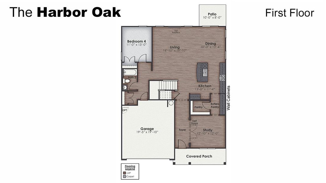 2D floor plan layout for the Harbor Oak by D.R. Horton in The Grove at Blake Farm, Wilmington, NC (Image 5).