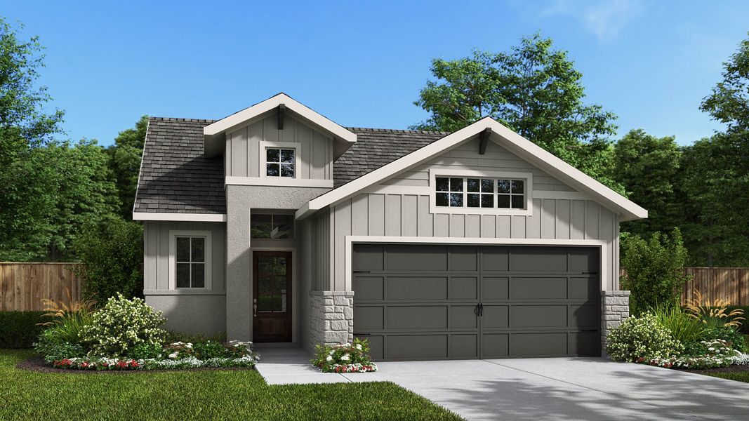 Front exterior of a new home in Easton Park, Austin, TX, highlighting curb appeal (Image 1). Front exterior of a new home in Easton Park, Austin, TX, highlighting curb appeal (Image 1).