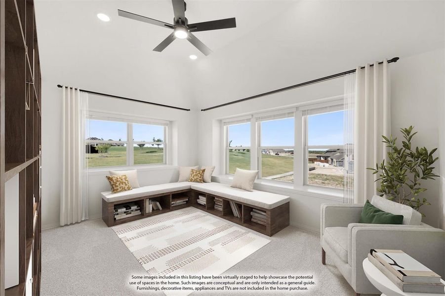Bright sitting room with built-in window bench, open shelving, ceiling fan, and carpet flooring Bright sitting room with built-in window bench, open shelving, ceiling fan, and carpet flooring