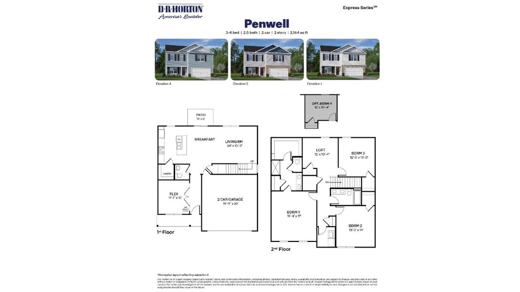 2D floor plan layout for the PENWELL by D.R. Horton in Madeline Farm, New Bern, NC (Image 3).