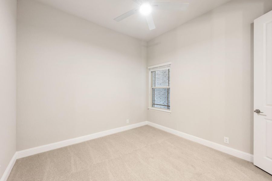 Empty bedroom with beige carpet, ceiling fan, and single window with white trim