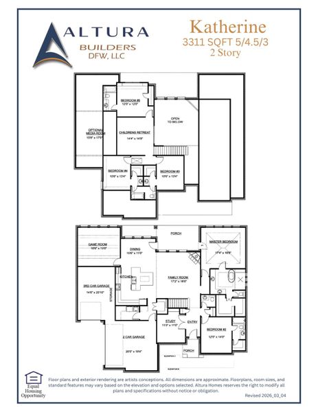 2D floor plan layout for the Katherine by Altura Homes in Talbott Estates, Howe, TX (Image 3).
