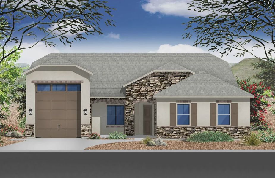 Front exterior of a new home in Valencia at Granite Vista, Waddell, AZ, highlighting curb appeal (Image 23).