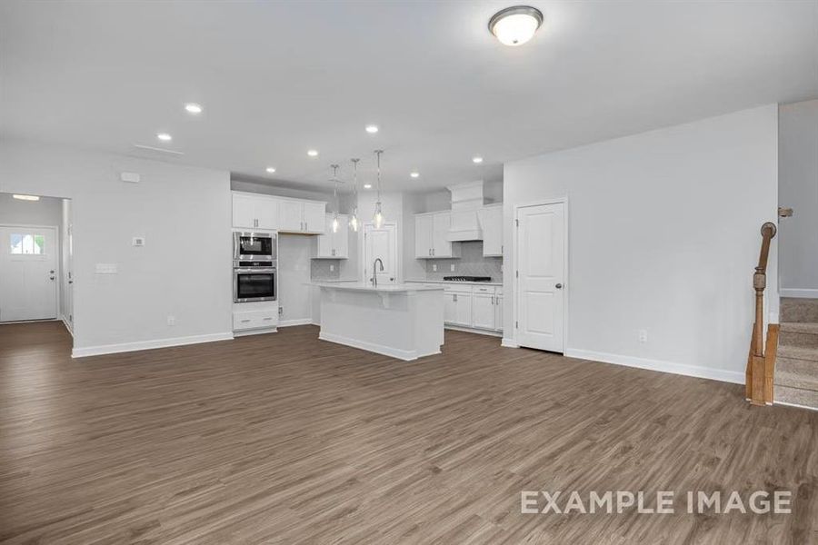 Unfurnished living room featuring sink and dark wood-type flooring