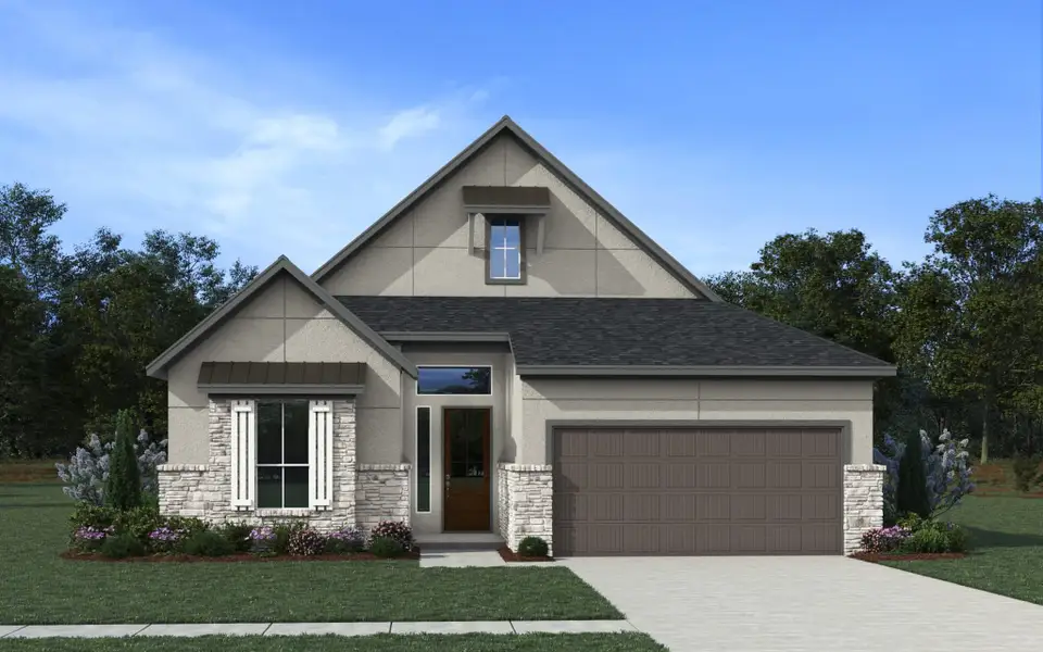Front exterior of a new home in Alsatian Oaks, Castroville, TX, highlighting curb appeal (Image 4).