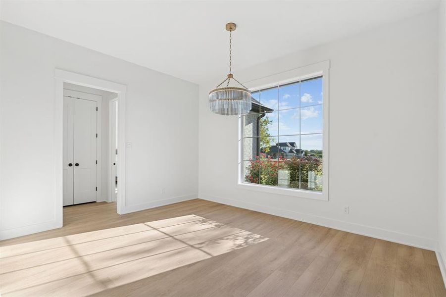Light fixture is so sophisticated and perfect; walk past another storage closet to get to the primary suite.
