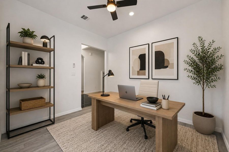 Dedicated home office with versatile space perfect for working from home or studying. Virtually staged.